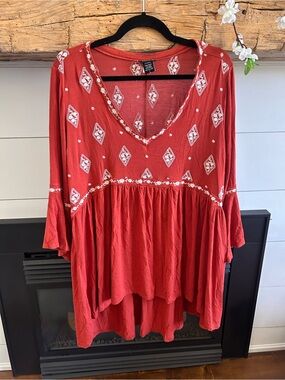 Boho Rust Embroidered V-Neck Women's Top